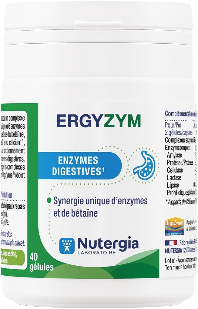 Nutergia – Enzymes digestives – Repas copieux – Digestion perturbée, sensibilité digestive – Bon fonctionnement des enzymes digestives – Complément alimentaire – 40 Gélules – Fabrication Française