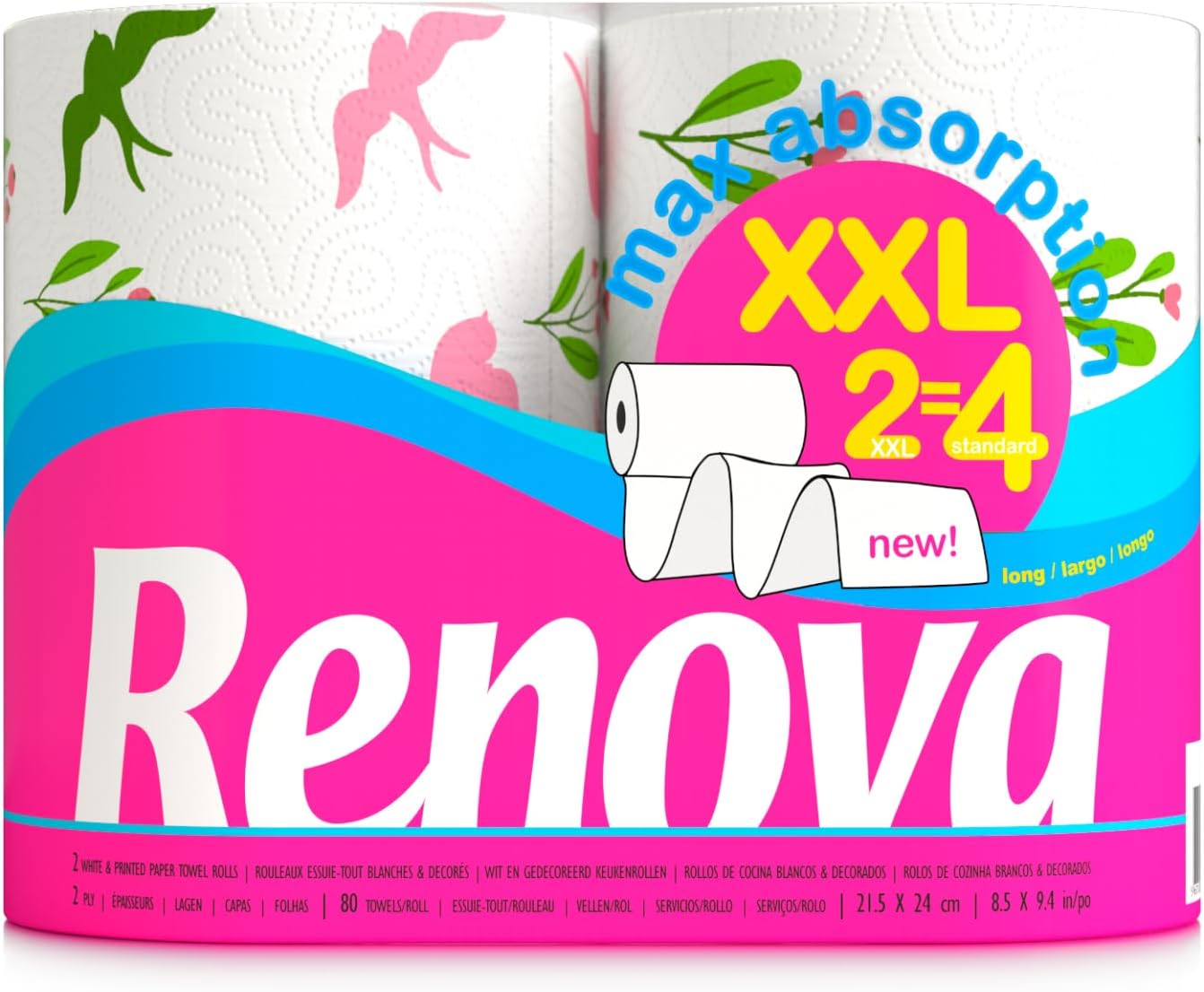 Renova XXL 2 Rolls - 2 Rolls XXL= 4 Standard - 2 Ply blanc - modèles aléatoire (L'emballage de l'article peut varier) Unique