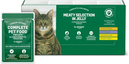 Nourriture complète équilibrée sans céréales pour chats adultes, sélection de viande en gelée, 4,8 kg (48 paquets de 100 g) Sélection à la Viande 100 g (Lot de 48)