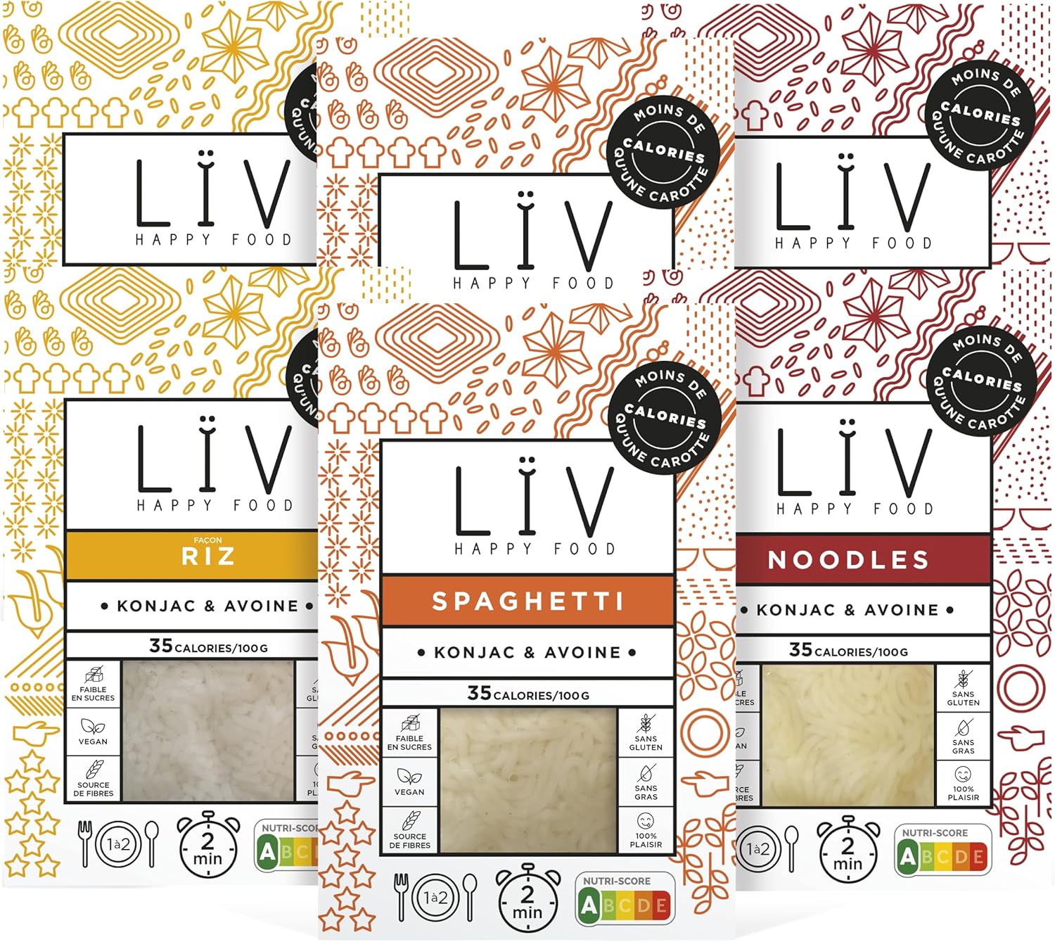 LÏV Happy Food - Riz, Noodles et Pâte de konjac - Konjac - Vegan, Gluten Free, Faible en calorie - Box de 6 paquets x 200g (Box Découverte)