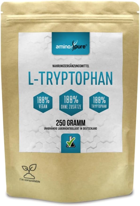 Aminopure® Poudre de L-tryptophane pure - Obtenue à partir de maïs par fermentation - 100 % végétalien et sans additifs - Certifié sans substances nocives en laboratoire - 250 g