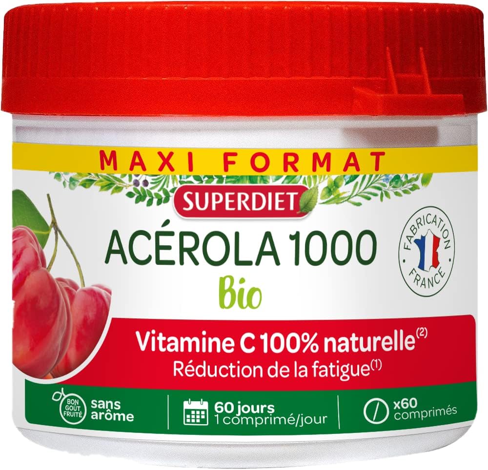 ACÉROLA 1000 BIO - Haute concentration en Vitamine C-Réduction de la fatigue -Maxi pot de 60 comprimés à croquer 60 unité (Lot de 1)