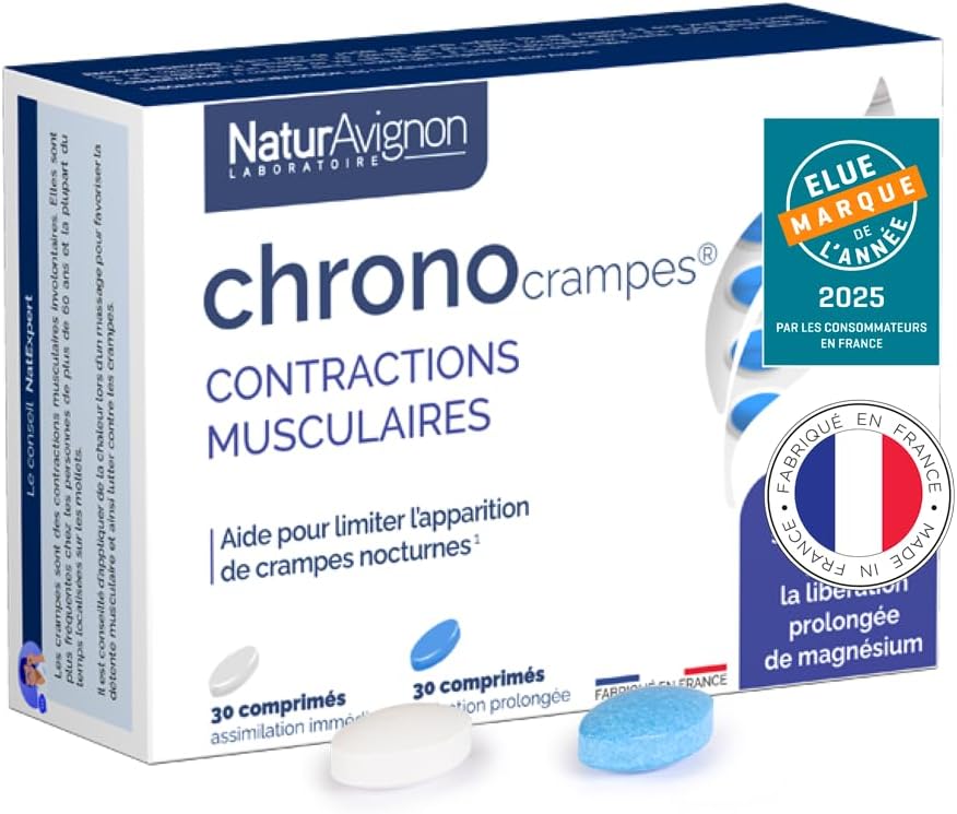 NaturAvignon Chronocrampes Comprimés - Décontractant musculaire, crampes nocturnes - Magnesium Bisglycinate & Magnesium Marin - 12h de repos sans crampes - Fabriqué en France - 60comprimés (30jours) Énergie et Vitalité 30 unité (Lot de 1)