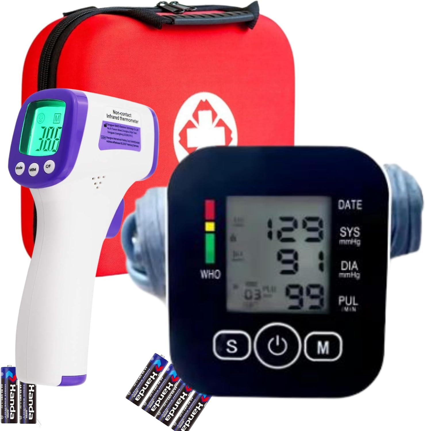 Kit Santé à Domicile :Tensiomètre Bras, Thermomètre Frontal Sans Contact, Moniteur de Pression Artérielle et Hypertension, Thermomètre Infrarouge pour Fièvre -Mallette de Rangement et Piles Incluses