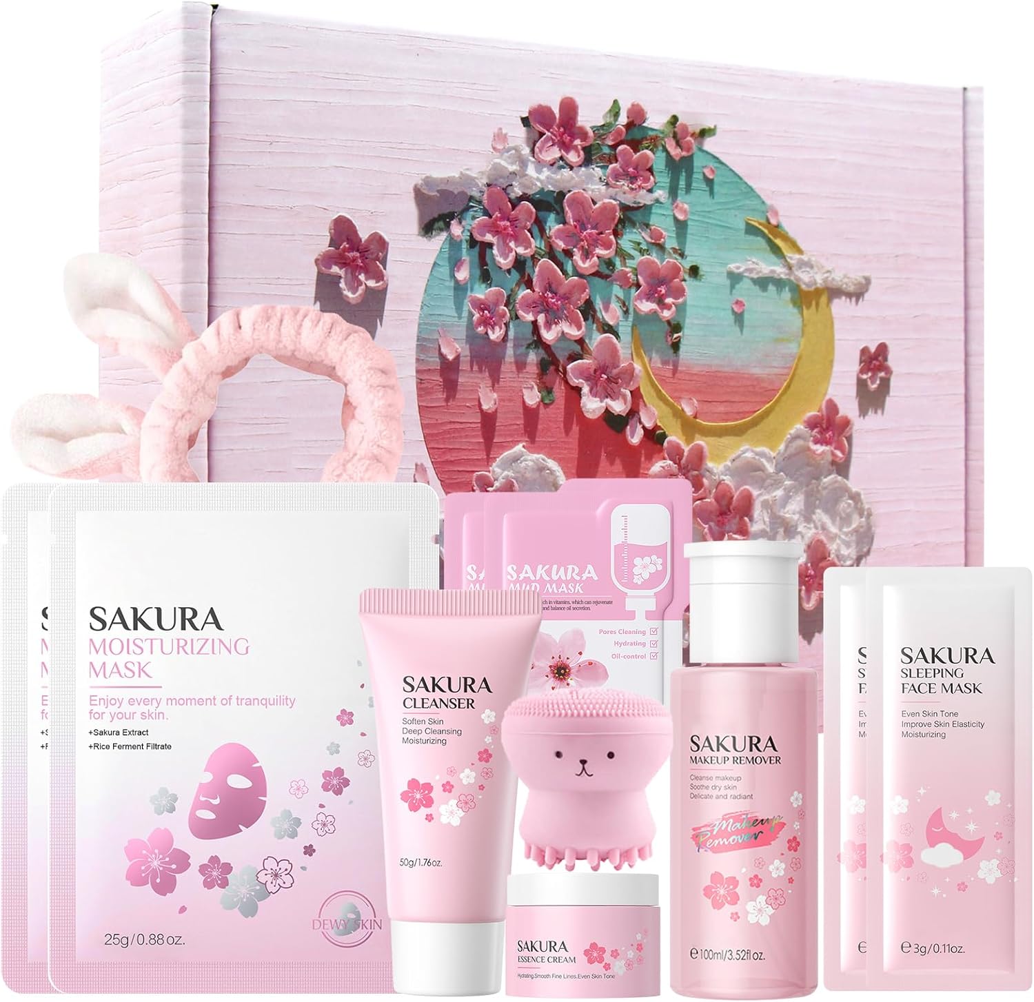 ® Sakura Ensemble De Soins De La Peau, Coffrets Cadeau de Soins pour la Peau, Hydratant et nourrissant Comprend une brosse nettoyante et un bandeau pour les cheveux, 11 pièces
