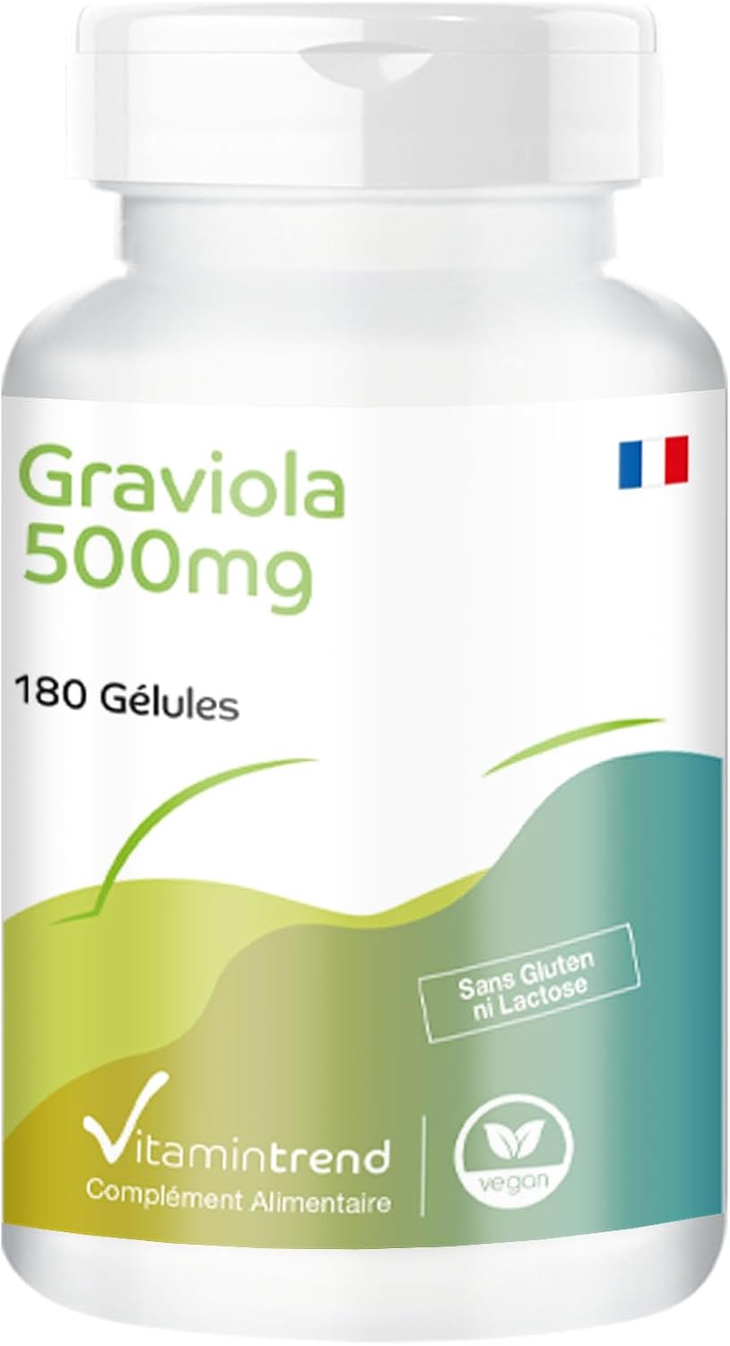 Graviola 500mg - ! POUR 6 MOIS ! - - Poudre de fruit de Graviola- Boite de 180 gélules ! – Végan - Vitamintrend®