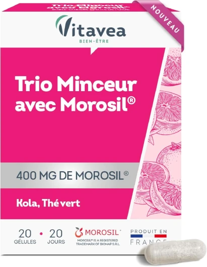 Vitavea - Trio d'actifs avec Morosil®, Kola et Thé Vert - Complément alimentaire avec un actif breveté provenant de l'orange sanguine - Riche en antioxydant et Vitamine C - 20 Gélules - 20 Jours trio minceur avec Morosil