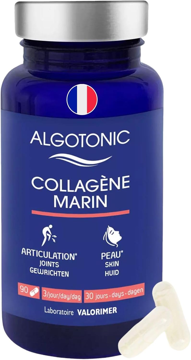 Collagène marin - 90 Gélules - Cure de 30 jours - Complément alimentaire naturel pour la peau, les cartilages, les os et les muscles - Vitamine C - Manganèse organique