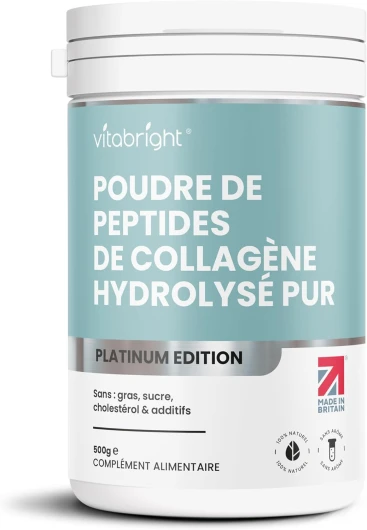 Peptide De Collagene Hydrolysé 500g, 50 Portions - Collagene Hydrolisé en Poudre, Peptides de Collagène Type 1 et 3 Pour Musculation et Sport, Collagene a Boire - VitaBright Collagen/Collagene Bovin