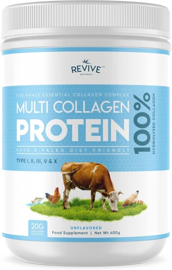 Poudre de Protéines Multicollagène (400g) - 5 Types de Peptides de Collagène d'Origine Alimentaire - Bovin Nourri à l'Herbe Hydrolysée, Poisson de Mer Sauvage & Poulet en Liberté, Non Aromatisé 20 Portions (Lot de 1)