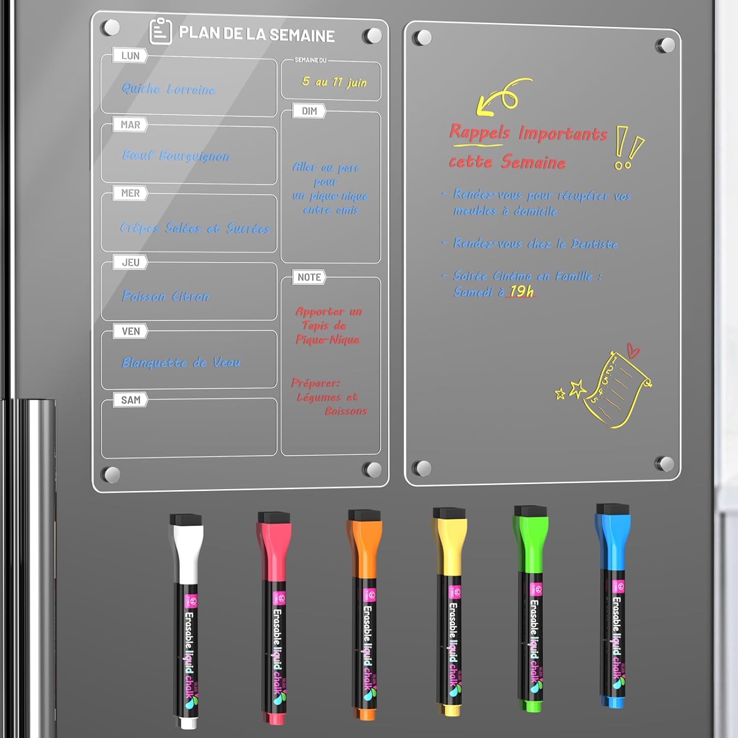 Langaelex Lot de 2 Tableau Magnetique Frigo A4 (30 x 20cm), Planning Frigo Magnetique et Mémo, Tableau Effaçable Transparent en Acrylique avec Marqueur à Craie Liquide 6 Couleurs Semaine & Memo (Français)