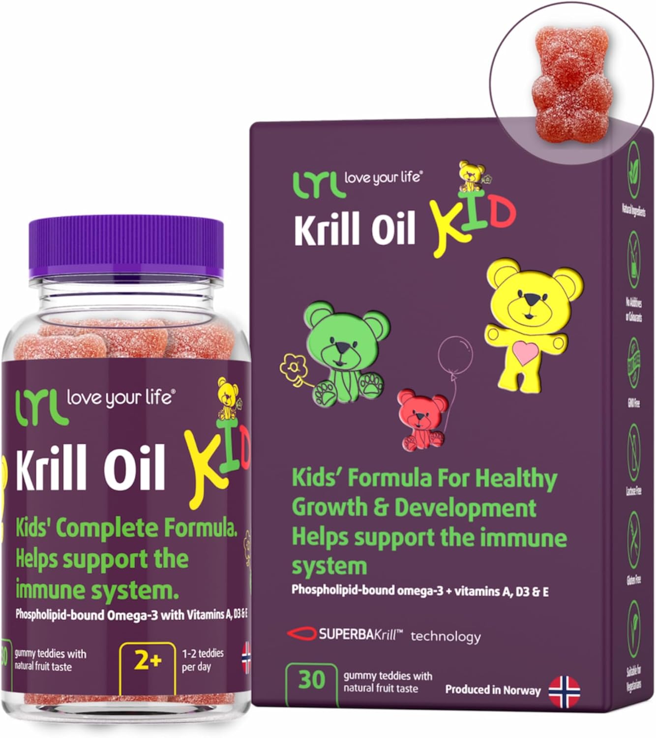 LYL Krill Oil KID – oursons gummies à mâcher à l’huile de krill (SuperbaKrill™ Omega‑3) + vitamines D3, A, C, E – goût agrumes – 30 oursons