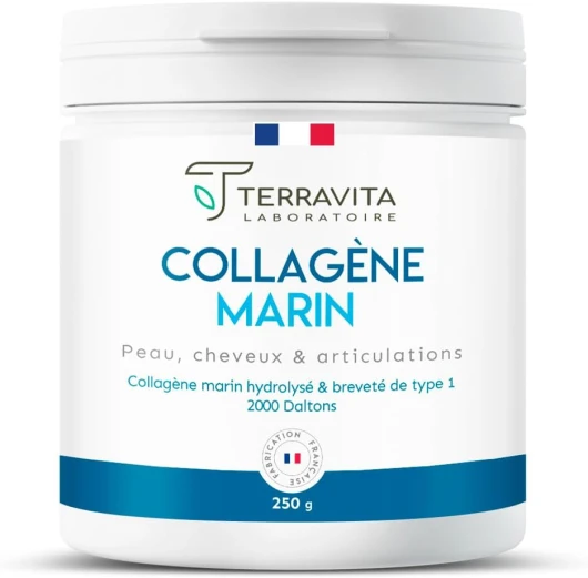 COLLAGÈNE MARIN Breveté en Poudre - 250 Grammes de Peptides de Collagène Purs de Type 1 - Articulations Souples, Peau Lisse et Hydratée - Goût Neutre - Filière 100% Française - Terravita