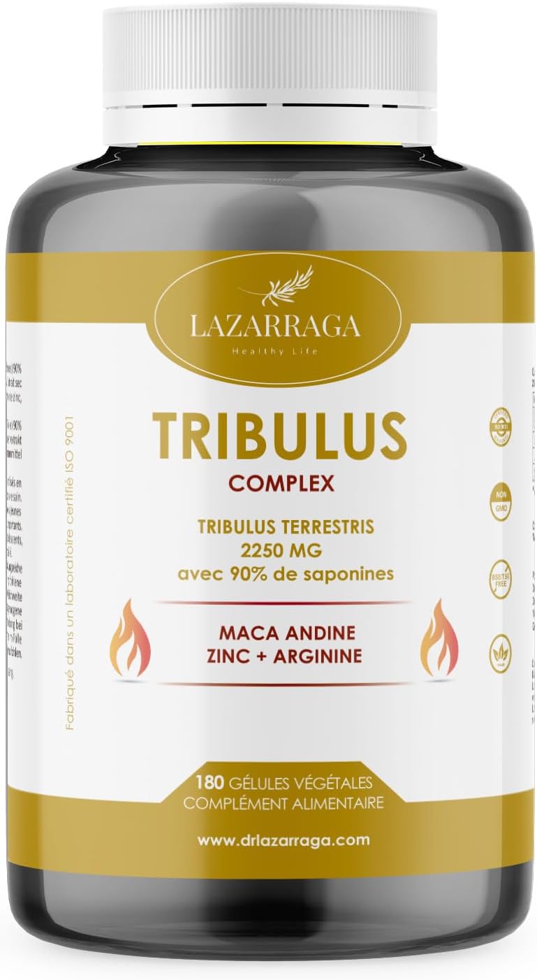 Tribulus Terrestris 2250mg + Maca Pérou + Arginine + Zinc - 180 Capsules Véganes pour 2 Mois - Force et Énergie - Vitamines pour Hommes