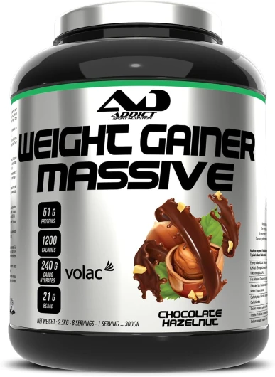 Addict sport nutrition - Weight gainer massive - Prise de masse musculaire avec protéine concentrée - Ultra calorique 1200 kcal par dose -51g de protéine et 21g de BCAA -2,5 kg -Goût chocolat-noisette Chocolat - noisette 2.5 kg (Lot de 1)