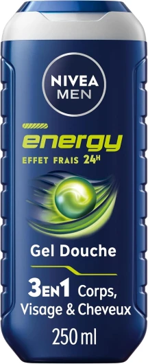 MEN Gel Douche Energy (1 x 250 ml) - Soin lavant enrichi en extrait de menthe vivifiante - Gel douche homme 3 EN 1 — Soin nettoyant Corps Visage & Cheveux Vivifiant Effet Fraîcheur 24H Energy 3-en-1
