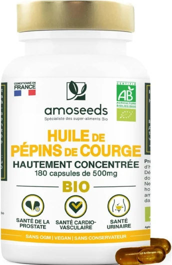 Huile de Pépins de Courge BIO - Prostate, Santé urinaire - Huile pressée à froid - 180 capsules végétales, vegan - Conditionné en France - Qualité Supérieure