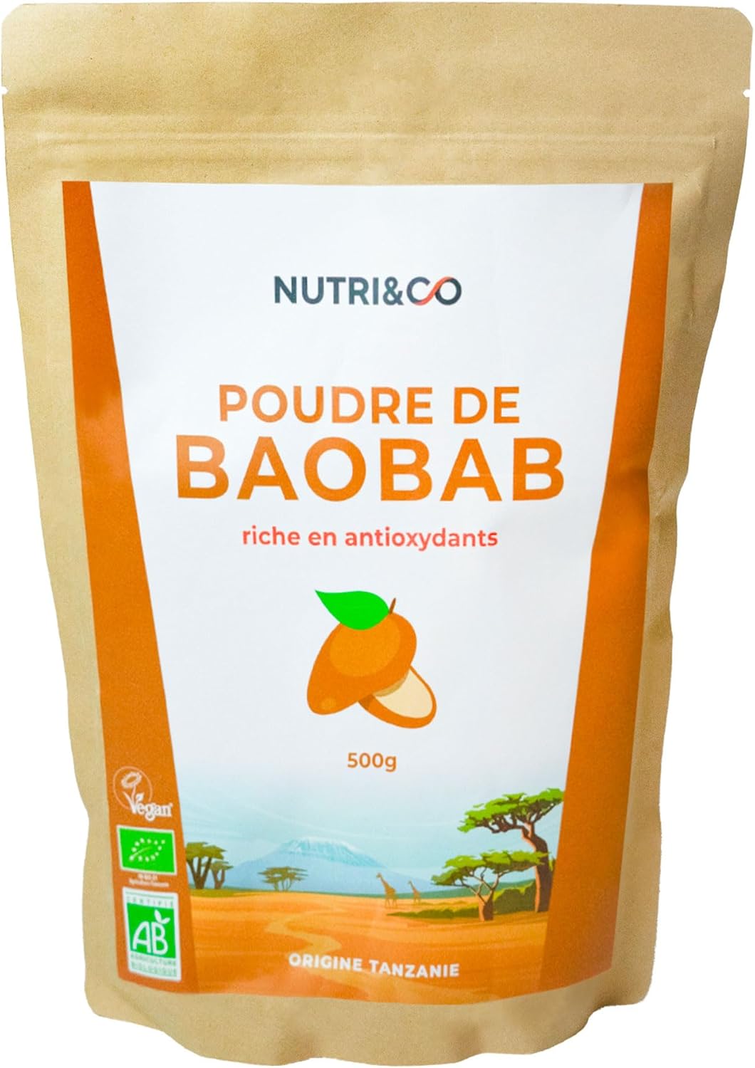 NUTRI & CO Poudre de Baobab BIO 500g - 100% Naturel, Riche en Antioxydants, Fibres & Vitamines - Immunité et Transit - Adansonia Digitata Issue d’une filière Durable & Responsable