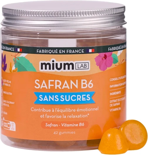 Mium Lab - Gummies Safran Hautement dosé (40mg) et Vit B6 sans sucres - Enfants et Adultes - Formule exclusive - Programme 3 à 6 semaines - Fabriqué en France 1 Pot