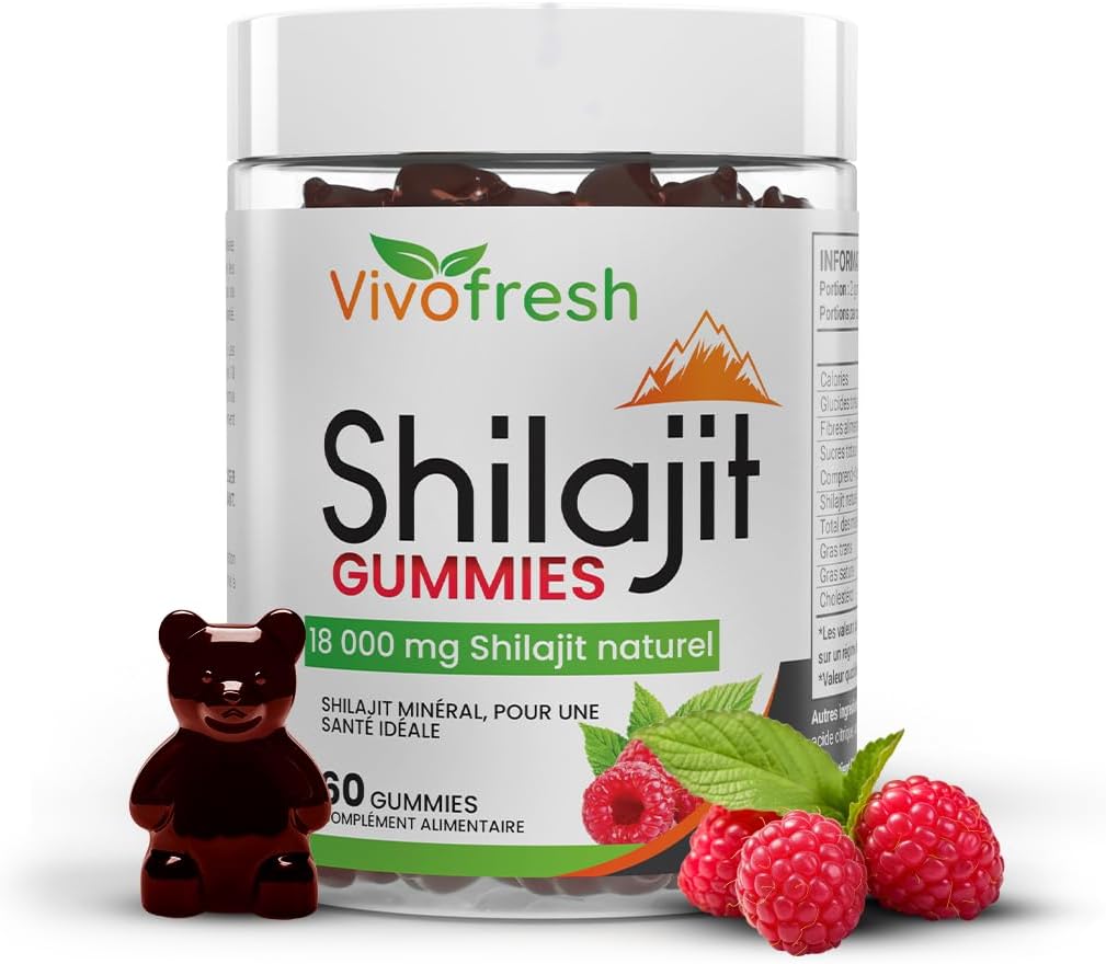 VivoFresh Shilajit Pur Himalaya - Boost d'Énergie Naturelle - +85 Minéraux & Acides Fulviques - Goût Framboise Délicieux - 60 Gummies - 18 000 mg