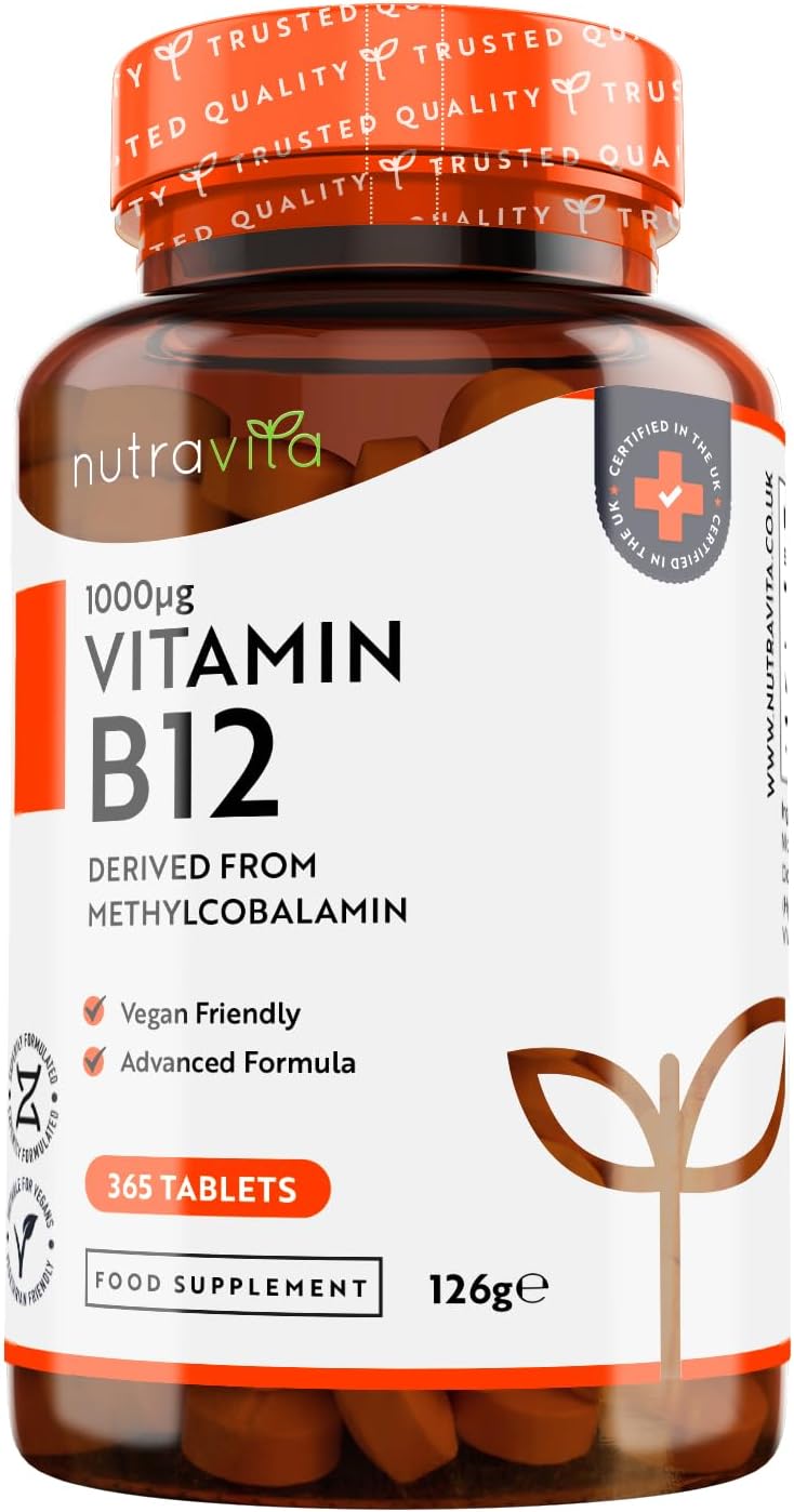 Vitamine B12 Vegan 1000mcg - 365 Comprimés (1 An) - Énergie, Immunité, Fatigue & Globules Rouge - Haut Dose Methylcobalamine - Formule Avancée - Fabriqué au Royaume-Uni par Nutravita