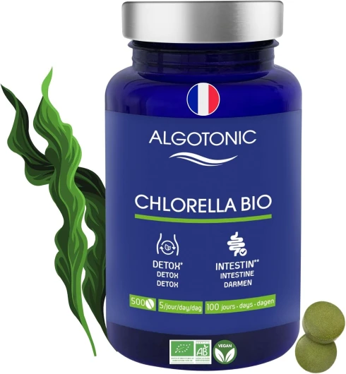 Chlorella Bio - 2500 mg par jour - 500 comprimés - Cure de 100 jours - Poudre de Chlorella vulgaris 100% PURE - Maintien d’une bonne santé intestinale - Detox - Intestin