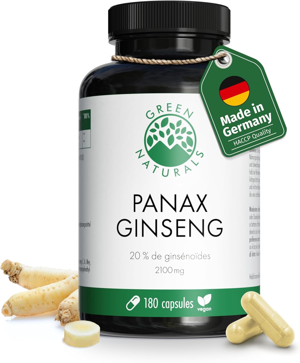 Panax Ginseng - Hautement dosé: 2100mg de Panax Ginseng & 20% de ginsénoïdes par dose journalière - Végétalien - 2 mois d'approvisionnement - Green Naturals®