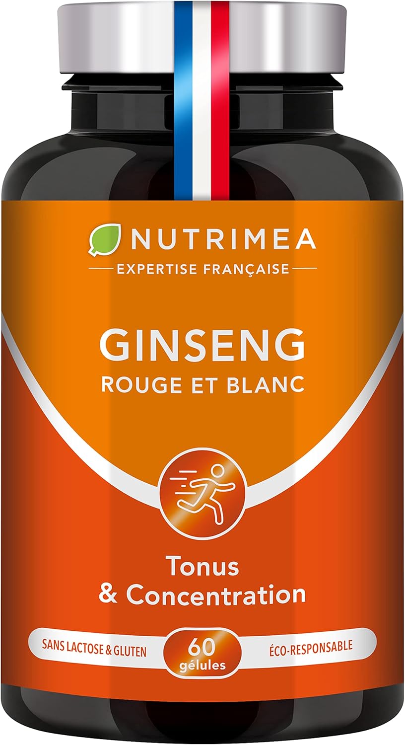 GINSENG Rouge et Blanc - 100% Naturel - Ratio d’Extraction 10:1- Dosé à 15% en Ginsénosides - Réduction de la fatigue - Aide à la concentration - 60 gélules - Nutrimea