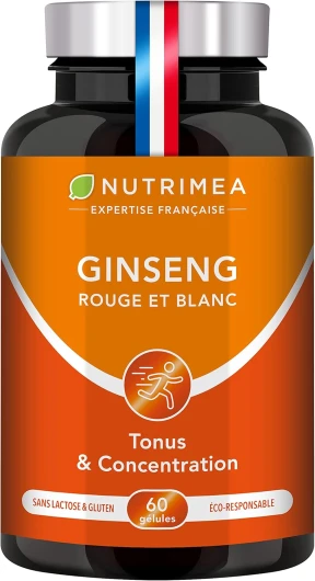 GINSENG Rouge et Blanc - 100% Naturel - Ratio d’Extraction 10:1- Dosé à 15% en Ginsénosides - Réduction de la fatigue - Aide à la concentration - 60 gélules - Nutrimea
