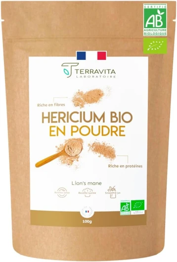 HERICIUM Erinaceus BIO - Lion’s Mane en Poudre - Champignon Mémoire et Concentration - Riche en Polysaccharides - Nootropique Naturel - 100g Purs et sans Additifs - Made in France - Terravita