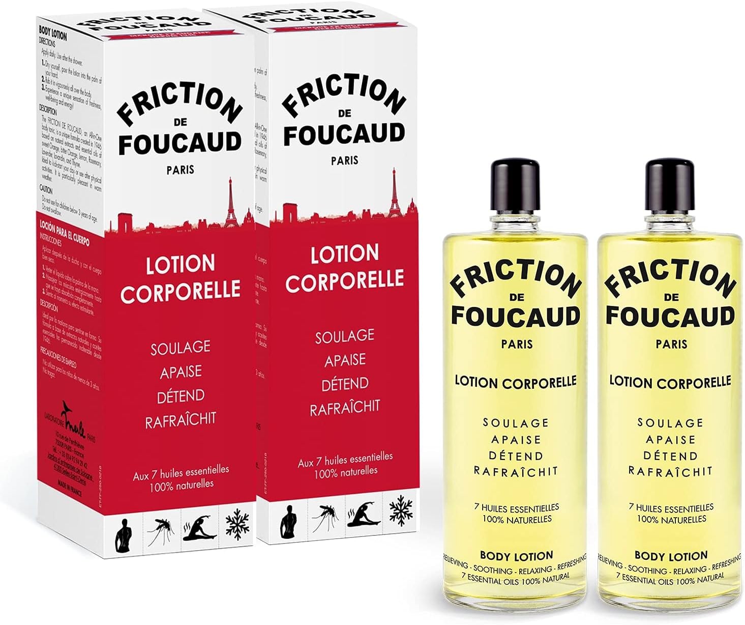 Foucaud - LA FRICTION - Lotion corporelle, Soulage, apaise, détend, rafraîchit, 7 Huile essentielle 100% naturelle - Huile corps - Marque Française depuis 1946 - Flacon Verre 2 x 500ml