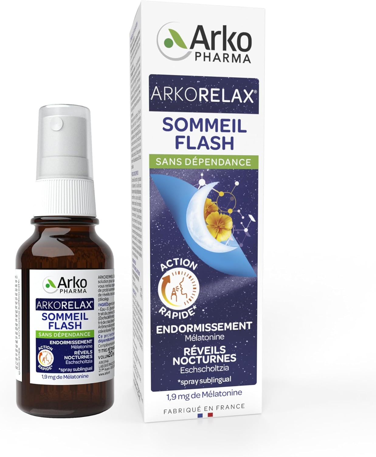 Arkorelax Sommeil Flash Spray - Sommeil perturbé - Réveils nocturnes - Solution express pour s'endormir ou se rendormir -Flacon en spray de 20 ml Bleu 20 ml (Lot de 1)
