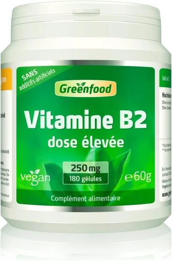 Vitamine B2 (riboflavine), 250 mg, dose élevée, 180 gélules - Sans additifs artificiels - Sans génie génétique - Vegan.