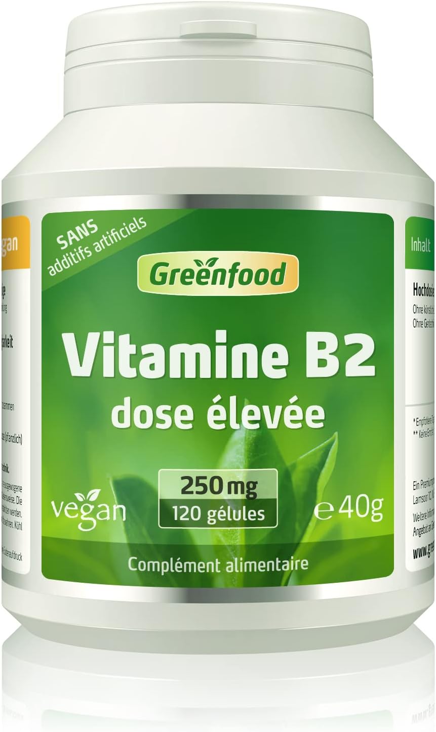 Vitamine B2 (riboflavine), 250 mg, dose élevée, 120 gélules - Sans additifs artificiels - Sans génie génétique - Vegan - 120 gï¿½lules