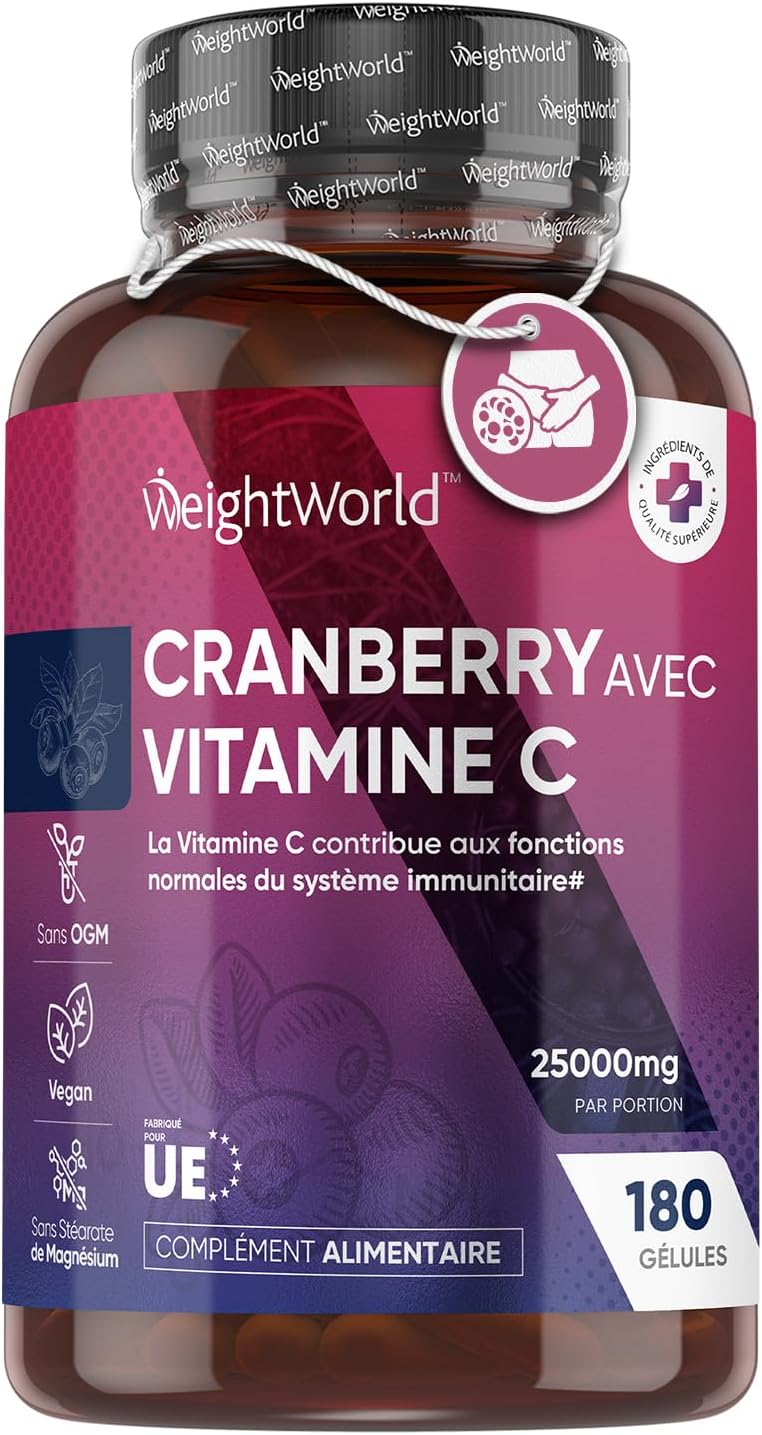 Cranberry Gélules 50000mg + 200mg Vitamine C - 180 Gélules (3 Mois) - Extrait Canneberge & Vit C - Équilibre Interne, Antioxydant Puissant, Système Immunitaire, Os, Peau