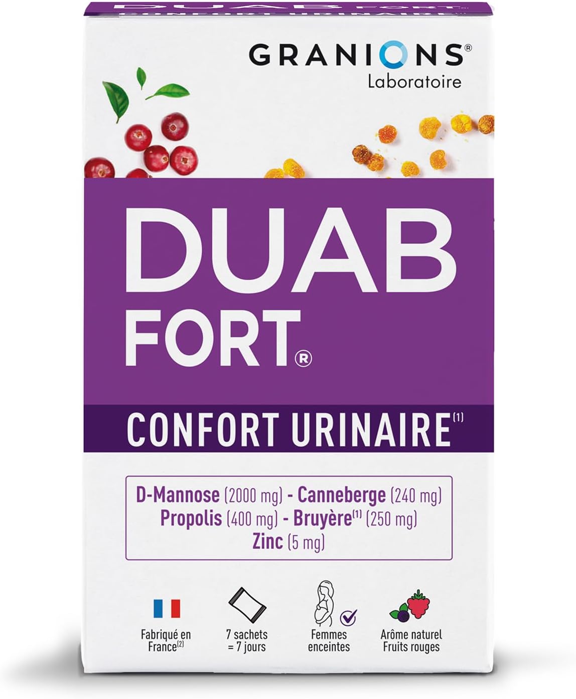 Duab Fort Confort Urinaire -7 sachets de Canneberge, Propolis, Bruyère et D-Mannose pour prévenir et soulager l'inconfort urinaire des femmes - Fabriqué en France - Formule brevetée