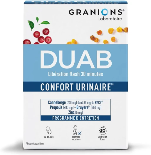 Duab - 60 Gélules - Inconfort Urinaire et Bien-Être Féminin - Formule Brevetée - Canneberge, Propolis, Oligoélément (Zinc) - Laboratoire des Granions - Marque Française DUAB 60 gélules
