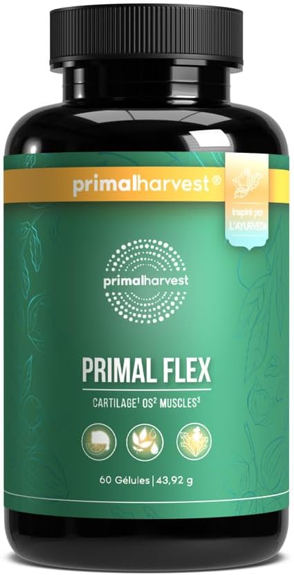 PRIMAL FLEX ARTRO PLUS - 60 capsules hautement dosées & testées en laboratoire avec magnésium, vitamine C pour des os solides - Inspiré de l'Ayurveda, acide hyaluronique, collagène inclus - Original