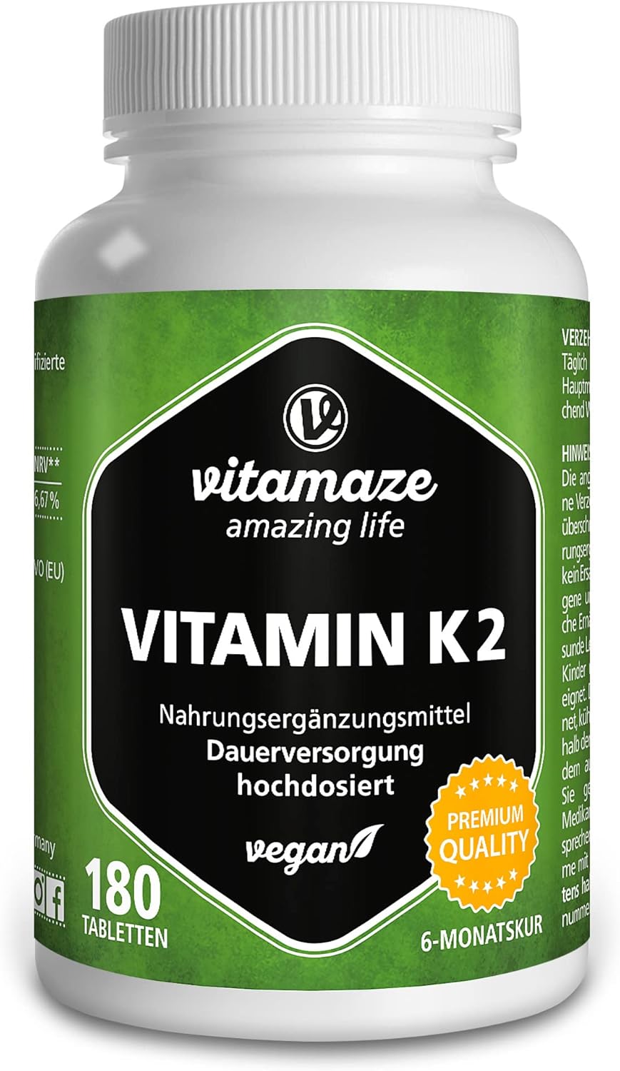 Vitamine K2 MK-7 à Fort Dosage, 200 mcg Ménaquinone pour 6 Mois - 180 Comprimés Vegan - Qualité Allemande, Complément Alimentaire sans Additifs Inutiles Vitamine K2 - 180 Comprimés