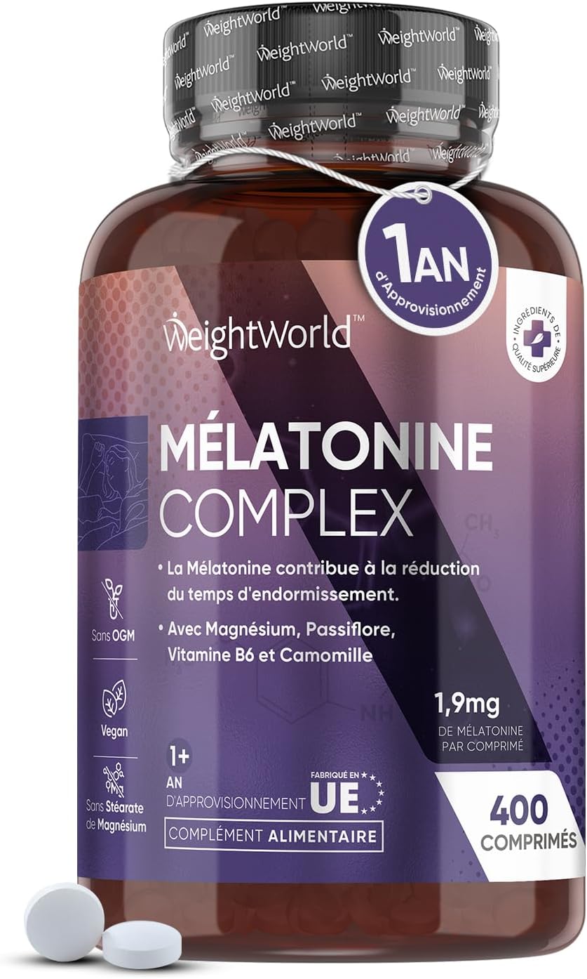 Melatonine 1,9 mg - 400 Comprimés Vegan (Pour +1 An) - Mélatonine Sommeil, Magnésium, Vitamine B6, Passiflore et Camomille - Complément Alimentaire Sommeil & Jet Lag - Sans Gluten, Forte Absorption