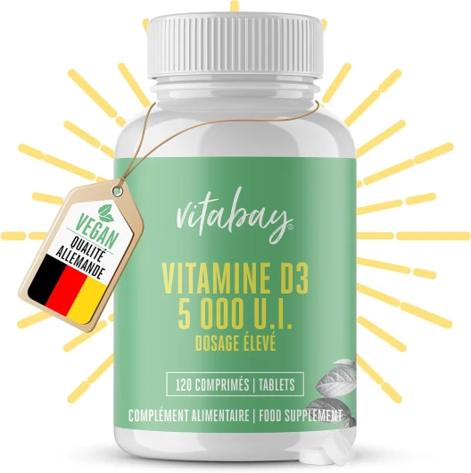Vitamine D3 5000 IU - 120 Comprimés de Vitamine D Cholécalciférol - Vegans sans Additifs et à Haut Dosage - Contribue au maintien d'une ossature normale - Vérifié en Laboratoire 17 g (Lot de 1)