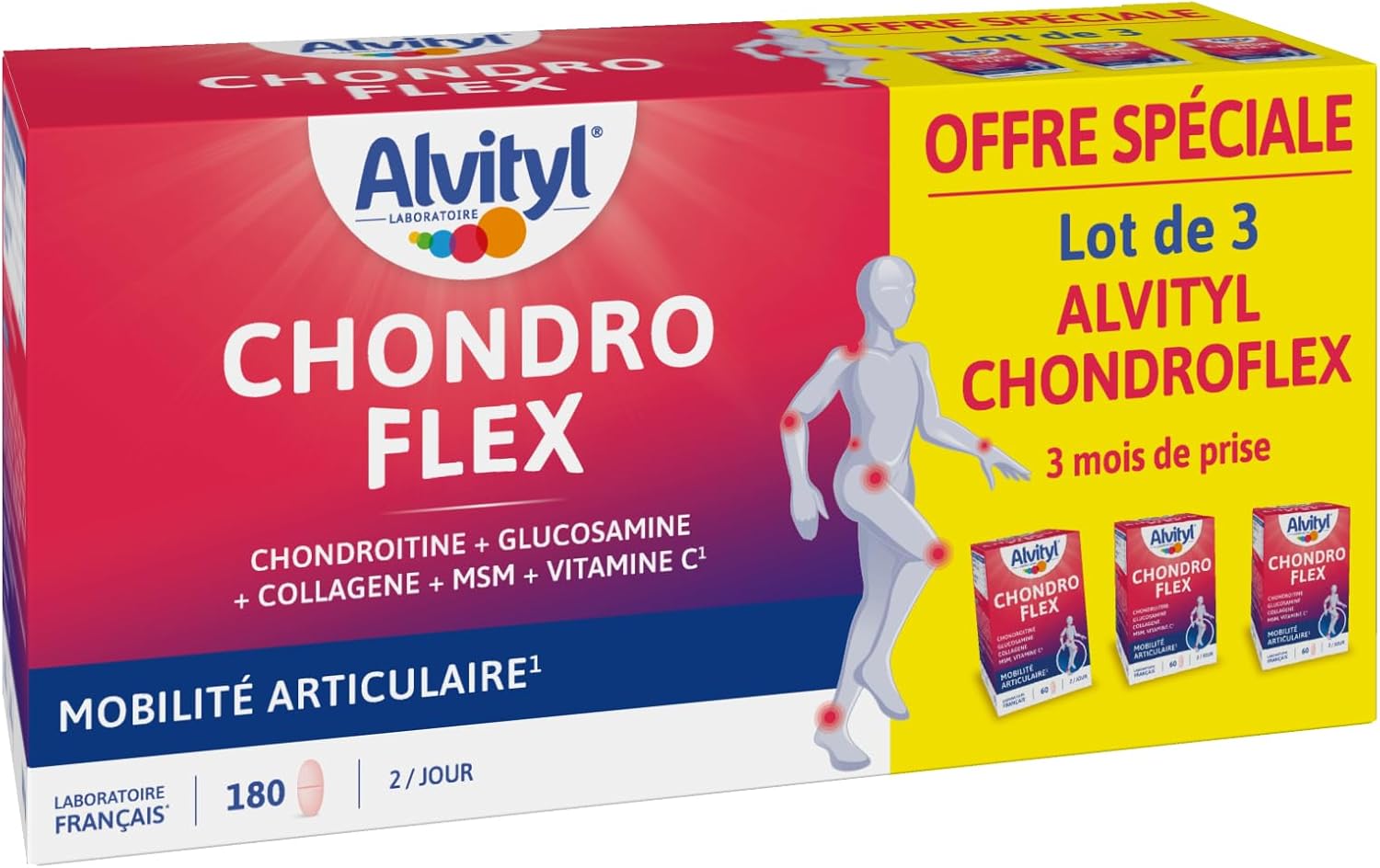 Chondroflex - 5 éléments essentiels - Mobilité articulaire - 90 jours de prise renouvelable – Chondroflex - Glucosamine + Chondroïtine + Collagène Type II + MSM + Vitamine C – 180 comprimés