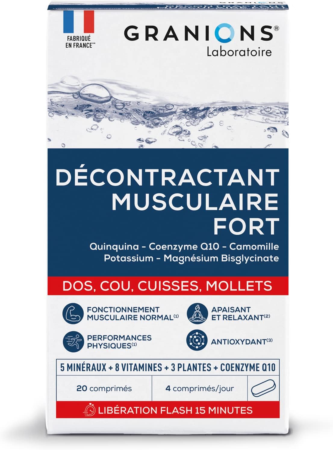 Décontractant Musculaire Fort - Apaise les contractures du dos, cou, cuisses, mollets I Douleurs Intenses - 5 minéraux, 8 vitamines, 3 plantes - Co-enzyme Q10 - Action rapide 15min - 20 comp Blanc 1 unité (Lot de 1)