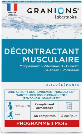 Décontractant Musculaire Crampes, gênes, raideurs musculaires Magnesium, Vit B, Cuivre, Selenium, Potassium Pour toute la famille Fabriqué en France 60 comprimés Décontractant Musculaire 30 comprimés
