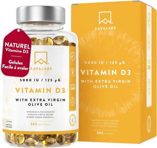 Vitamine D3 Naturelle Haute Concentration 5000 UI - Vitamine D avec Huile d’Olive Extra Vierge pour Absorption Optimale - Vitamines pour les Fonctions Osseuse, Musculaire, Immunitaire - 365 Gélules