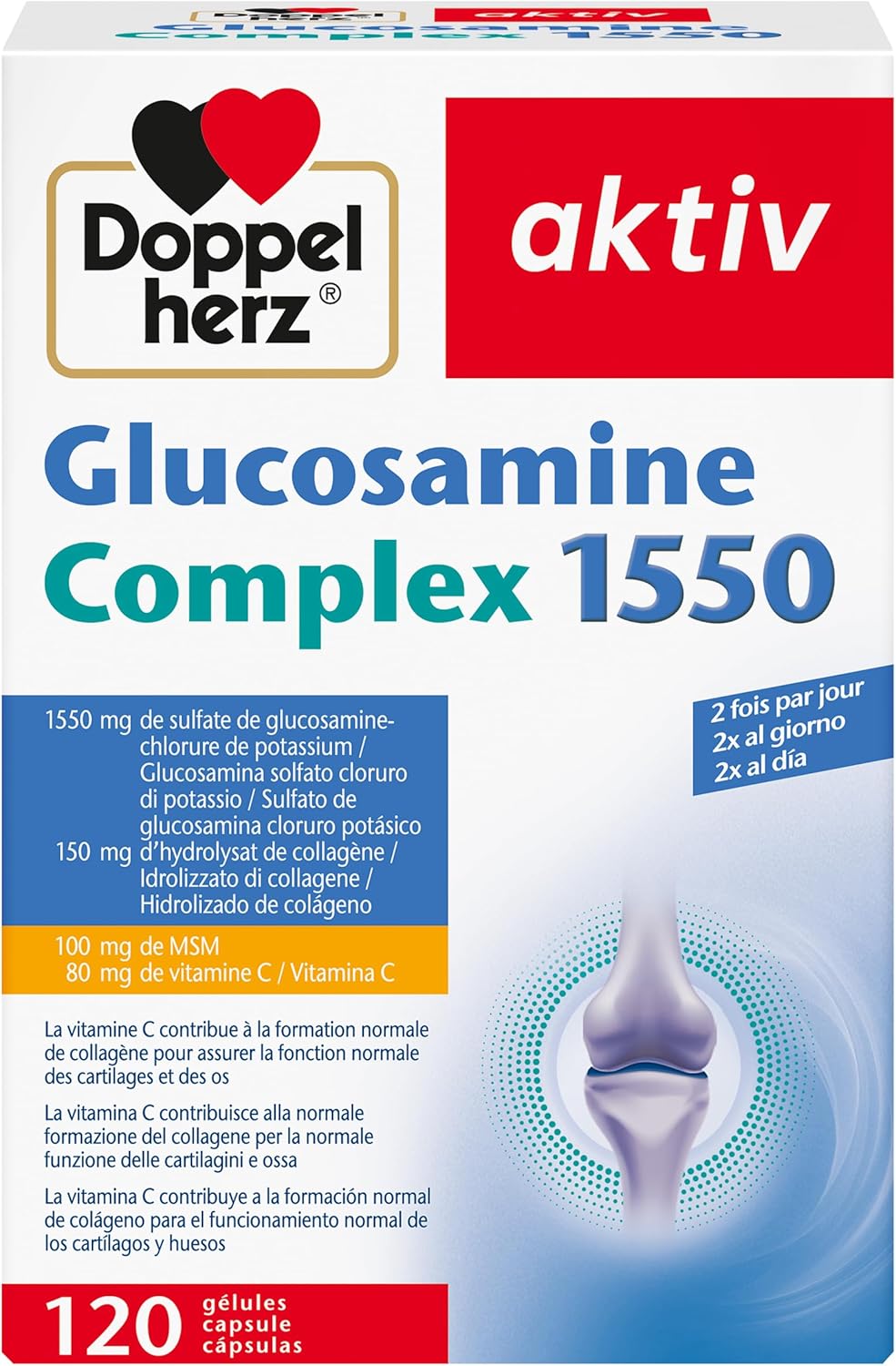 Glucosamine Complex 1550 - Collagène + MSM + Vitamine C - comme contribution à la formation normale de collagène pour une fonction normale du cartilage - 120 gélules