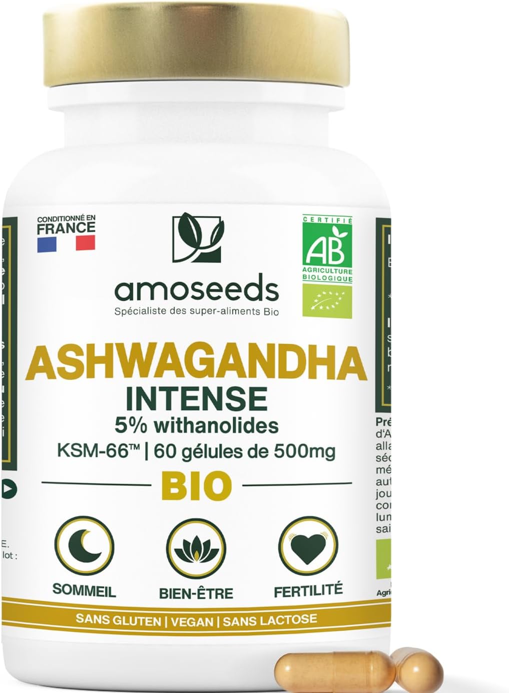 Ashwagandha BIO Breveté KSM-66™ - Extra Fort : 5% withanolides - Stress, Sommeil, Énergie, Bien-Être - 60 gélules vegan de 500mg - Qualité Supérieure