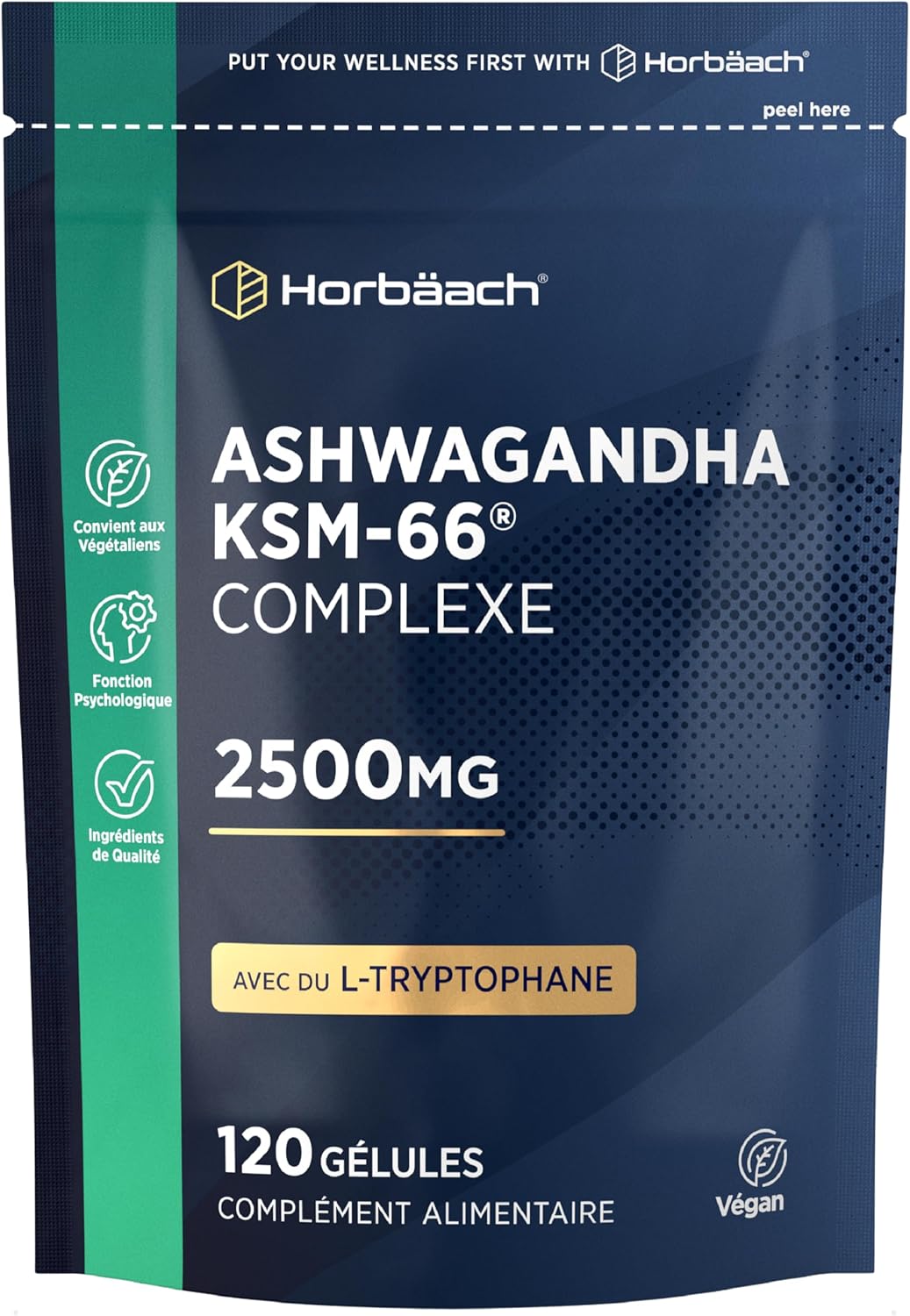 Ashwagandha KSM-66 Complex 2500mg - 120 Gélules Vegan - Avec Tryptophane Plus Vitamine B12 et B6 - Extrait de Poivre Noir et Niacin - Ashwagandha Withanolides - Haute Dosage - by Horbaach