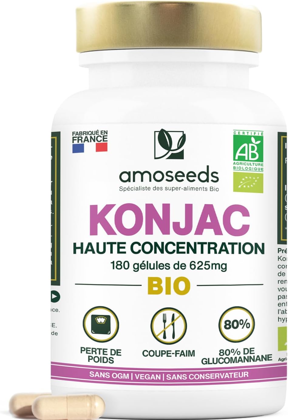 Konjac BIO Extra Fort - 625mg Glucomannane - 180 Gélules Vegan - Aide au contrôle du poids dans le cadre d’un régime hypocalorique - Qualité Supérieure