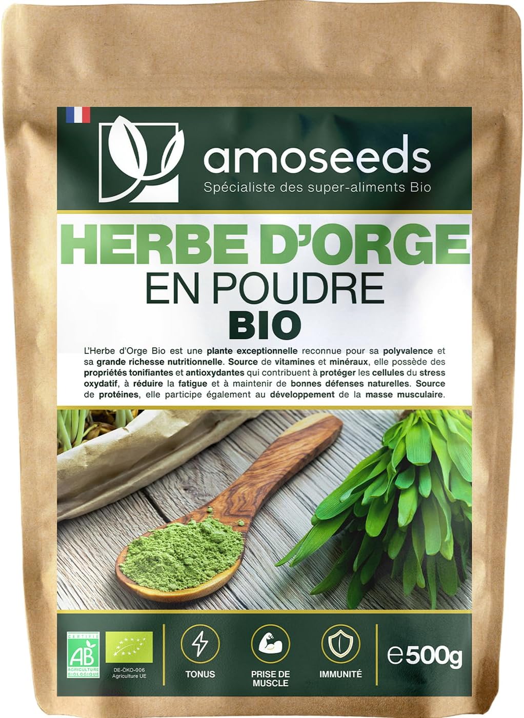 Poudre d’Herbe d'Orge Bio 500G - 100% jeunes pousses - Sans Gluten, Sans OGM, Sans Additif - Qualité Supérieure